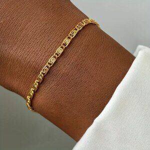 NWT 18KT Gold Plated Greek Key Link Chain Bracelet 7in